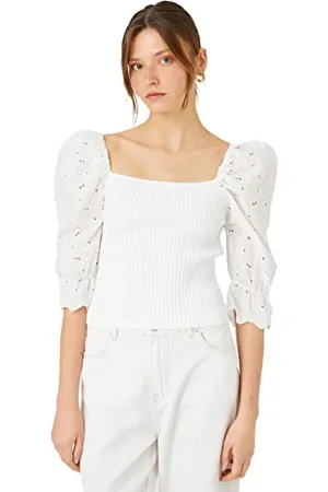 Koton Women Brode Detail Ribbed Sweater Square Neck