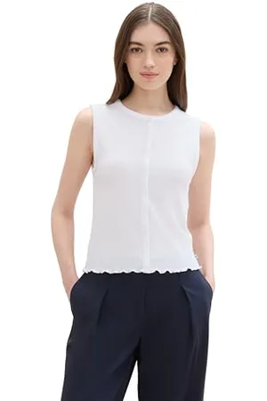 TOM TAILOR Damen Basic Top mit dekorativen Knöpfen, White, XL