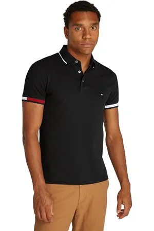 Tommy Hilfiger Herren Poloshirt Kurzarm Flag Cuff Slim Fit, Schwarz (Black), M