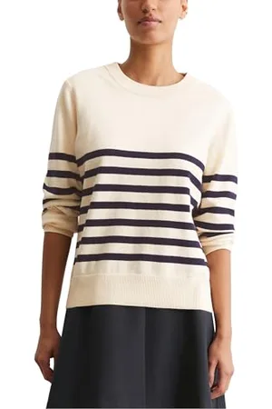 Marc O’ Polo Marc OߴPolo Denim Damen Pullover mit Rundhalsausschnitt gestreift, Weiß , XXL