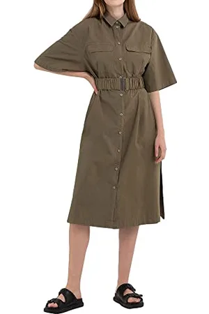 Replay Damen Kleid Kurzarm Midi-Länge, (Grün), L