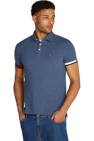 Tommy Hilfiger Herren Poloshirt Kurzarm Flag Cuff Slim Fit, Blau (Faded Indigo Heather), XL