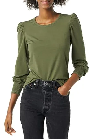 Amazon Damen Langarm-T-Shirt mit Rundhalsausschnitt und gesmokten Bündchen, , XS