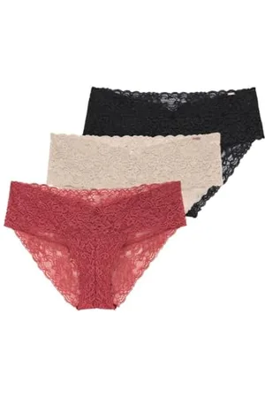Dorina Lana Damen Spitzen-Slips, 3er-Pack, Mittlere Abdeckung, Alltäglicher Komfort, Hipster Panties, Korallenrot, Beige, Schwarz, L