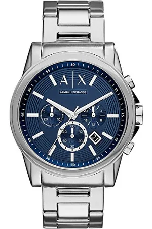 Armani Exchange Herrenuhr , QuarzChronographenwerk, 45mm Silbernes Edelstahlgehäuse mit Lederarmband, AX2501