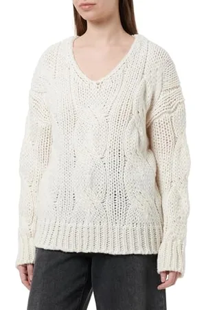 Ebeeza Damen Unifarbener, locker sitzender, langärmeliger Pullover mit V-Ausschnitt und Leinenmuster One Size