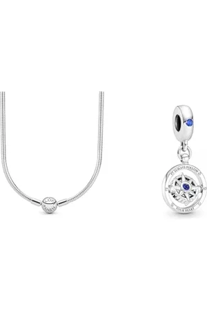 PANDORA Damen Schlangen- Gliederhalskette Sterling- Silber 590742HV-45, 45 cm & Charm Anhänger Kompass Silber, Kristall blau 790099C01