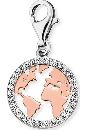 Engelsrufer Damen-Charm in Form einer Weltkarte, aus 925er Sterling , mit Zirkonia Steinen, Karabinerverschluss, Größe: 13,8 x 11,7 cm, ERC-WORLD-BICOR-ZI