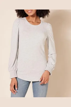 Amazon Damen Langarm-T-Shirt mit Rundhalsausschnitt und gesmokten Bündchen, , S