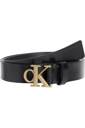 Calvin Klein Damen Gürtel Monogram Plaque Buckle 3,0 cm Ledergürtel, Schwarz (Black/Tumbled Gold), 65 cm