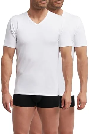 Dim 2er Pack Thermoregulierendes Baumwoll-T-Shirt mit V-Ausschnitt Sport Herren, Weiß, M