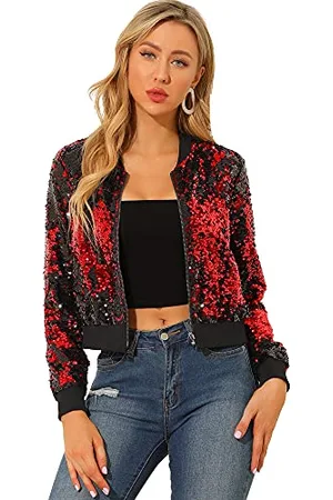 Allegra K Damen Paillettenjacke Langarm Cropped Reißverschluss Party Glitzer Bomber Sparkly Jacken, , M