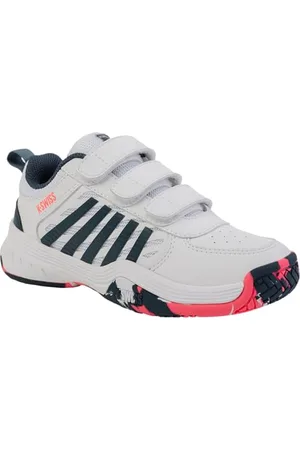 K-Swiss Court Express 2 Strap Tennis Shoe, White/Stargazer/NEON Blaze, 28.5 EU