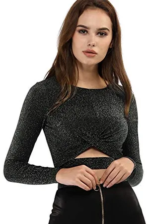 Allegra K Damen Crop Top Festival Outfit Glitzer Langarm Rundhals Crop Top Bauchfreies Shirt M