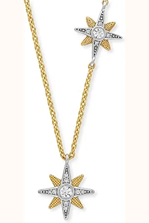 Engelsrufer Damen Halskette aus vergoldetem Sterling Silber mit zwei Stern Motiv Anhängern Bicolor - besetzt mit 14 Zirkonia Steinen - Karabinerverschluss - nickelfrei