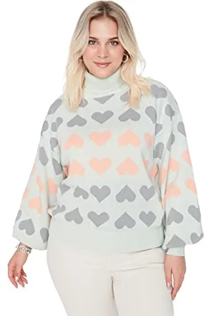 Trendyol Damen Rollkragenpullover mit Herzmotiv, reguläre Übergröße Sweatshirt, , XXL Größen