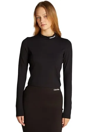 Calvin Klein Damen Langarmshirt Milano Logo Elastic Top Mock-Kragen, Schwarz , M