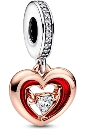 PANDORA Bicolor Strahlendes Herz Charm-Anhänger aus Sterlingsilber mit Zirkonia in der Farbe Silber-Roségold-Rot, Kompatibel mit Moments Armbänder, 782450C01