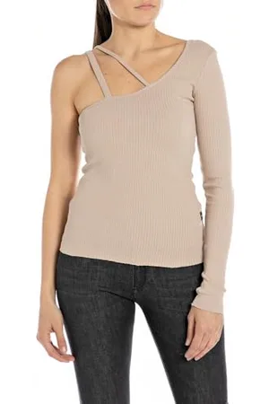 Replay Damen Langarmshirt Asymmetrisches Oberteil, (Beige), XS