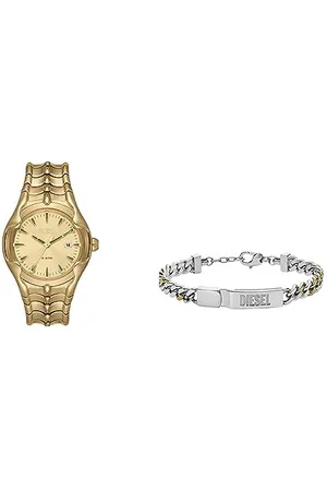 Diesel Herrenuhr Vert und ID-Kettenarmband - Dreizeiger-Datum, Goldfarbene Uhr & zweifarbiges Edelstahlarmband