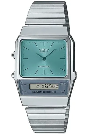 Casio Damen Quartz Armbanduhr, 32.00mm GehäusegröÃŸe mit blau analog/digital Zifferblatt und Silber Metallarmband Armband AQ-800EC-2AEF