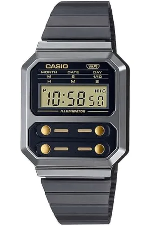 Casio Unisex Quartz Armbanduhr, 33.00mm GehäusegröÃŸe mit schwarz digital Zifferblatt und schwarz und Silber Metallarmband Armband A100WEGG-1A2EF