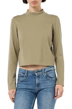 Calvin Klein Damen Langarmshirt Milano Logo Elastic Top Mock-Kragen, Beige , L