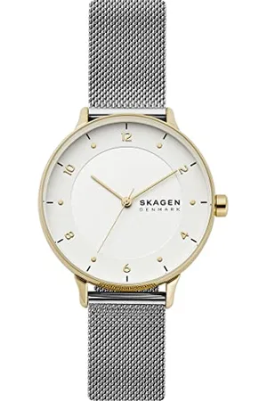 Skagen Damenuhr Riis, Dreizeiger Uhrwerk, 36mm Gold Edelstahlgehäuse mit Edelstahl Mesh Armband, SKW2912