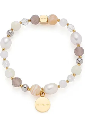 Leonardo Armband Hope elastische Arm-Kette aus goldfarbenem Edelstahl Perlen Arm-Schmuck mit Anhänger, Süßwaser-, Achat- und Muschel-Perlen 20,5 cm Länge Geschenk Damen 022633