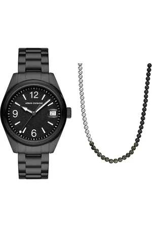 Armani Exchange Herren Schwarze Edelstahl-Uhr und Silber-Ton Halskette, Set