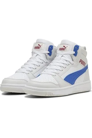 PUMA Unisex Kinder Rebound V6 Mid Jr Sneaker, White Vivid Blue Feather Gray, 39 EU