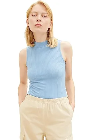 TOM TAILOR Damen 1038362 RIPP-Top mit Stehkragen, 11139-Soft Charming Blue, XL