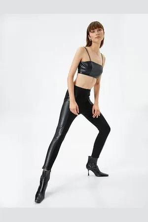 Koton Women Medium Rise Faux Leather Stripe Detail Basic Leggings