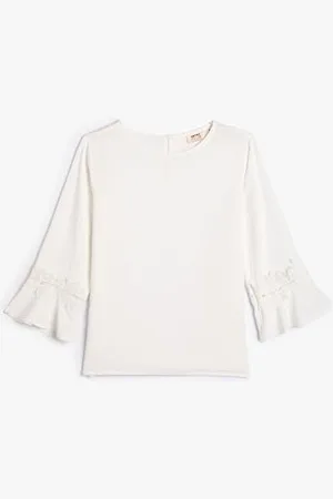 Koton Girls Blouse Long Flare Sleeve Lace Detail Round Collar Back Button Closure