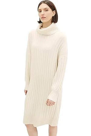 TOM TAILOR Damen Midi Strickkleid mit Schalkragen, soft beige melange, 40