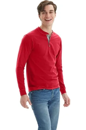 Hanes Herren T-Shirts, BeefyT Henley Shirts, Herren Baumwolle Langarmshirts, , Mittel