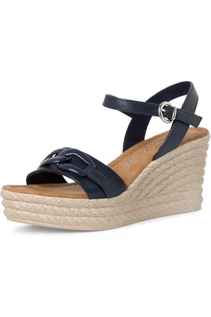 Marco Tozzi Damen Sandalen mit Keilabsatz mit Verstellbarem Riemen aus Leder, Blau , 40 EU