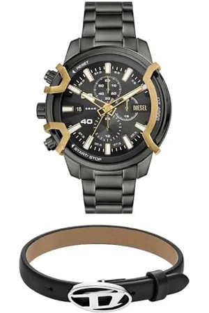 Diesel Herren Griffed Grau Edelstahl-Uhr und Stackables Schwarzes Lederarmband, Set