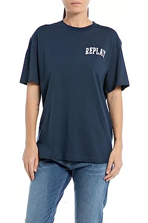 Replay Damen T-Shirt Kurzarm aus Baumwolle mit Logo, (Blau), M