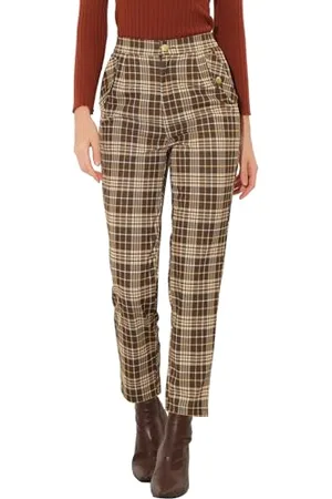 Allegra K Damen Vintage Tartan Plaid Hosen Elastische Taille Gerade Lange Hosen, Braun/Beige, M