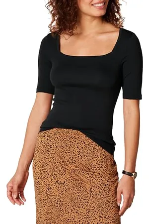 Amazon Damen Halbarm-T-Shirt mit eckigem Ausschnitt in schmaler Passform, , L