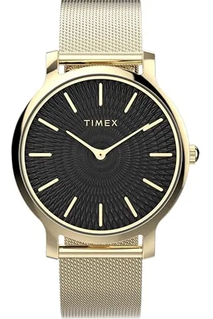 Timex Trendige Damen-Armbanduhr, 34 mm, goldfarbenes Armband mit Schnellverschluss, schwarzes Ziffernblatt, goldfarbenes Gehäuse TW2Y07100