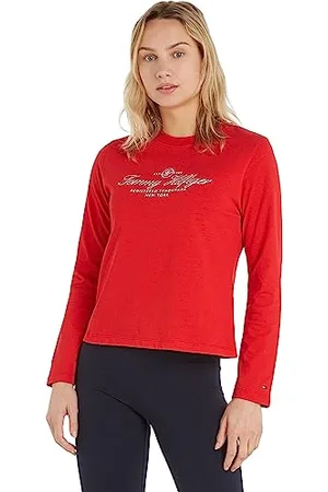 Tommy Hilfiger Damen Langarmshirt C-Neck Baumwolle, Rot (Fireworks), XS