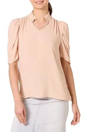 Amazon Damen Leichte, gewebte Georgette-Bluse mit halben Ärmeln und Rüschenausschnitt, , XXL