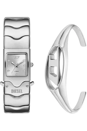 Diesel Herren Closer Silberfarbene Edelstahl Uhr und Oval D-Logo Armband, Set