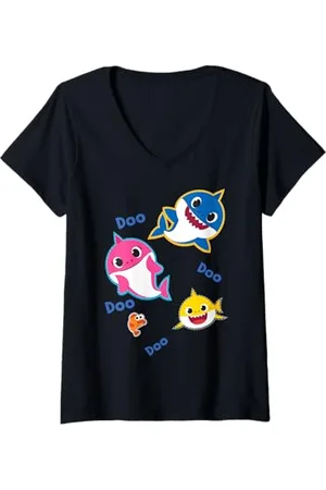 Baby Shark Damen Family Farbblock William Manta T-Shirt mit V-Ausschnitt