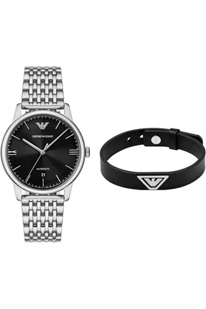 Emporio Armani Herren Silber-Ton Edelstahl-Uhr und Lederarmband, Set