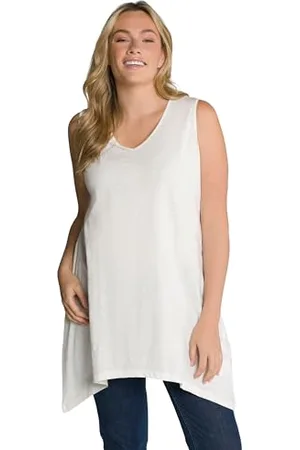 Ulla Popken Damen große Größen Übergrößen Plus Size Longtop, Zipfelsaum, A-Linie, V-Ausschnitt, Biobaumwolle 50+ 804033200-50+