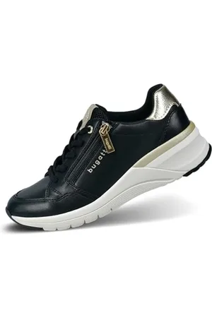 Bugatti Damen Schwarze Sneaker mit Reißverschluss-Accessoire, Silbernen Akzenten, Logo-Detail, Austauschbaren Innensohlen schwarz/Gold 41 EU