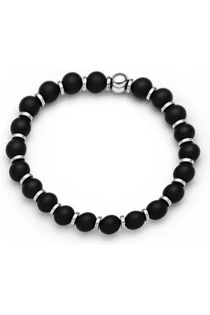 DUR Armband aus schwarzem Achat mit Hämatitscheiben und 925er Sterling-Silber Kugel – Elegantes Design, Maße: 19 cm x 6 mm, A1606.16